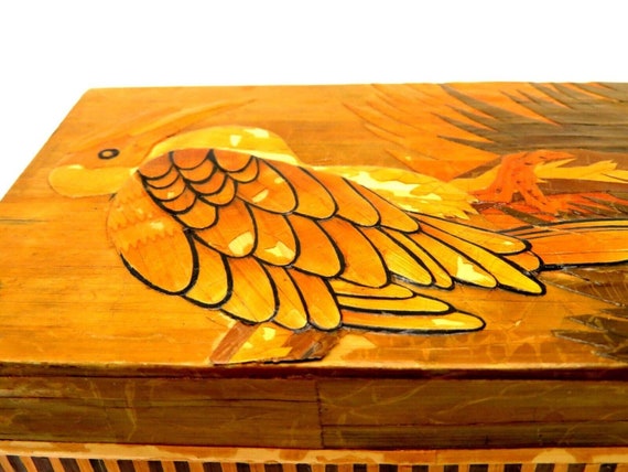 Vintage Chinese Wood Bamboo Straw Marquetry Bird … - image 3