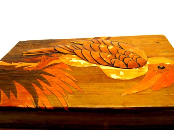 Vintage Chinese Wood Bamboo Straw Marquetry Bird … - image 2