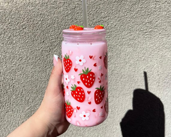 Pink drink strawberry snow globe tumbler, Floral tumbler