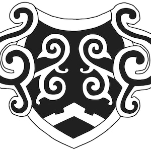 Puede incluir: Escudo negro y blanco con un diseño decorativo de espirales. El escudo está rodeado por un borde de espirales intrincados.