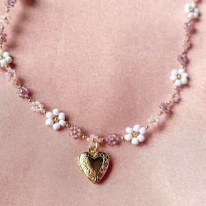 Pink Flower Heart Locket Necklace - Delicate gold plated choker - Romancecore Princess Cottagecore - Valentine’s Day gift for girlfriend