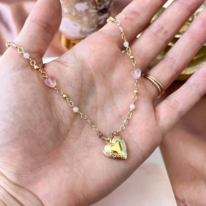 Pink Heart Locket Necklace - Delicate gold plated choker - Romancecore Princess Cottagecore -  Valentine’s Day gift for girlfriend