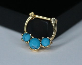 Bague septum turquoise à 3 broches, bijoux septum turquoise, bague septum clicker plaquée or, bague articulée turquoise, bijoux septum en or 16G