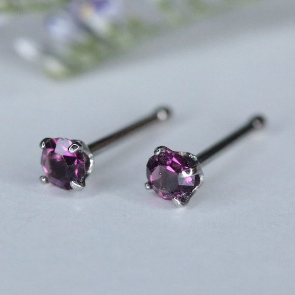 20G Purple Round Crystal Nose Pin, 3mm Purple Crystal Nose Stud, Surgical Steel Crystal Nose Rings, Tiny Purple Crystal Nose Pin