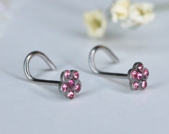 20G Pink Crystal Screw Back Flower Nose Ring, Pink Flower Nose Stud, Silver Flower Nose Ring, 316L Surgical Steel Nose Stud