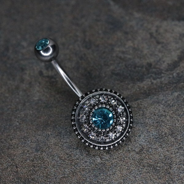 Blue Crystal Centered Vintage Shield Belly Button Ring, Crystal Paved Circle Navel Ring, Antique Silver Belly Button Jewelry, Surgical Steel