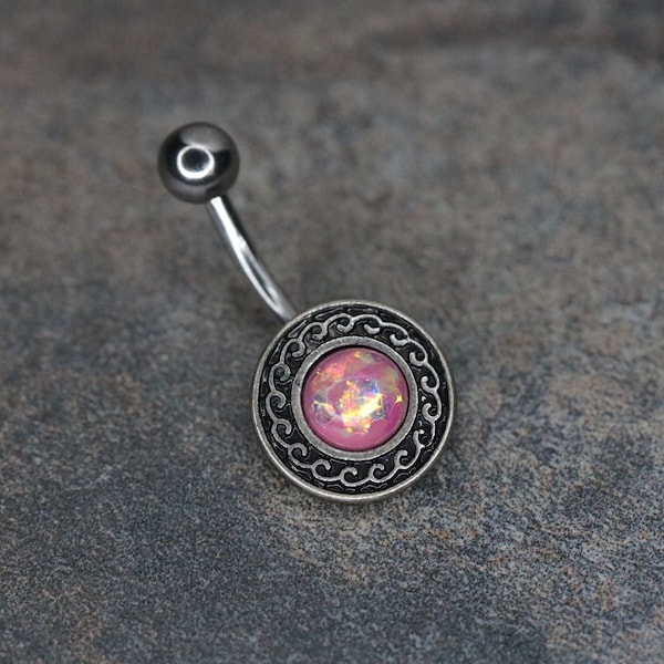 Pink Opal Tribal Shield Belly Button Ring, Pink Opal Circle Navel Ring, Antique Silver Belly Button Jewelry, Surgical Steel Navel Ring