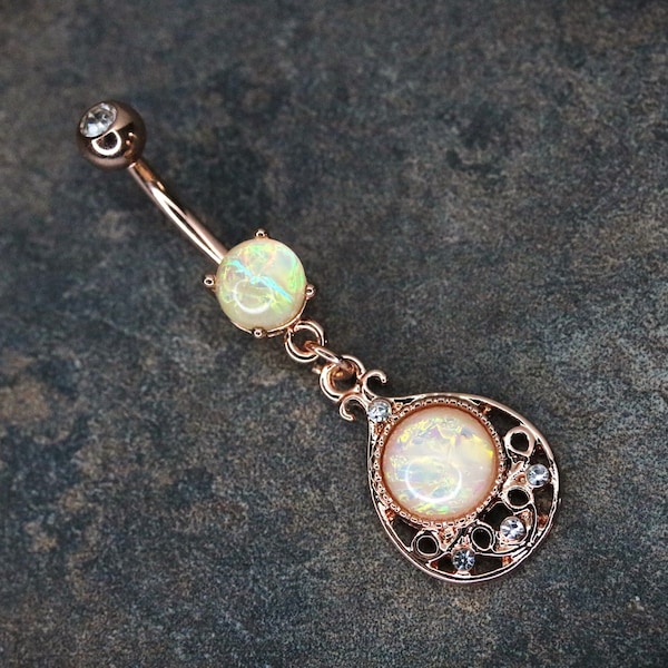 Opal Centered Rose Gold Filigree Tear Drop Dangle Belly Button Navel Ring, 14G Rose Gold Surgical Steel Lacy Tear Drop Belly Button Ring