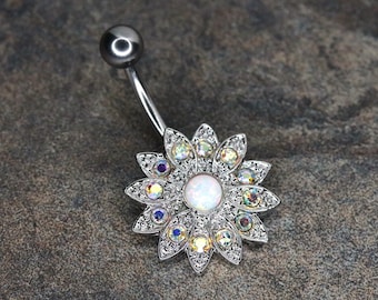 Silver Paved Crystal Flower Belly Ring, White Opal Center Flower Navel Ring, Silver Flower Belly Button Jewelry, 14G Flower Belly Ring