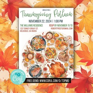 Può includere: Invito a un potluck del Ringraziamento con un'illustrazione ad acquerello di una tavola imbandita con una varietà di piatti, tra cui un tacchino arrosto, contorni e dessert. L'invito include la data, l'ora e il luogo dell'evento, nonché un indirizzo email per RSVP. Il testo "PERSONALIZE WITH Corjl" e "FREE DEMO: WWW.CORJL.COM/D/73PM0" è incluso.