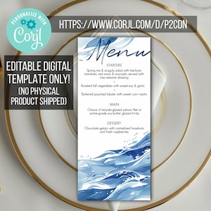 Pode incluir: Modelo digital editável para um menu de casamento com um design de aquarela de ondas azuis. O menu inclui opções de entradas, prato principal e sobremesa. O texto do menu diz: "Menu", "Entradas", "Mistura de primavera e salada de rúcula com tomates antigos, cebola roxa e abacate, servida com molho de sésamo e missô", "Legumes de outono assados com molho de soja doce e alho", "Lagosta cozida na manteiga com risoto de milho doce", "Prato principal", "Escolha entre filé de salmão glaciado com teriyaki ou tri-tip glaciado com manteiga de soja de primeira qualidade", "Sobremesa", "Gelato de chocolate com avelãs caramelizadas e framboesas frescas".