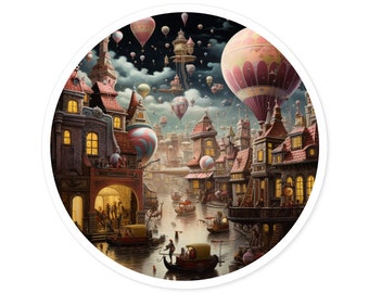 Sticker night balloons fantasy sticker collector hot air balloons over town water