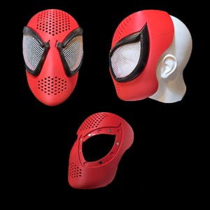 May include: Red and black Spider-Man mask with white mesh eye coverings. The mask has a perforated design and is shown from multiple angles, including a side view on a white mannequin head. The mask is a cosplay or costume accessory.