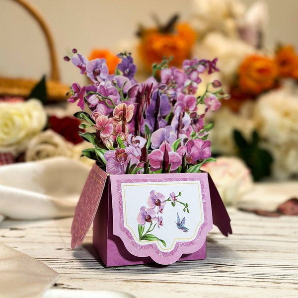 Boîte pop-up 3D fleurs d'orchidées roses, carte de remerciement, carte de fête des mères, carte-cadeau d'anniversaire, coffret cadeau Saint-Valentin, cadeau pour elle