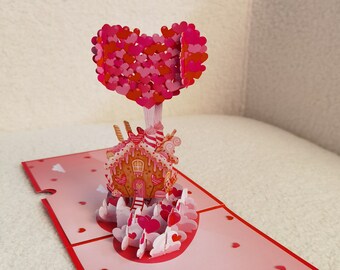Valentine's Day Pop up Card,3D Card Red Heart Love Card, Valentine Gift, Greeting Card, Sweet Candy Fly House Card, gift for her