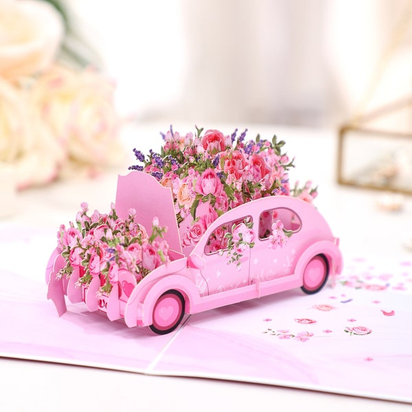 Pink Rose Flower Car Pop-Up Card, For Lover, friends, Birthday gift card,gift for her, Wedding,Valentine's Day, Mother's Day, Anniversary