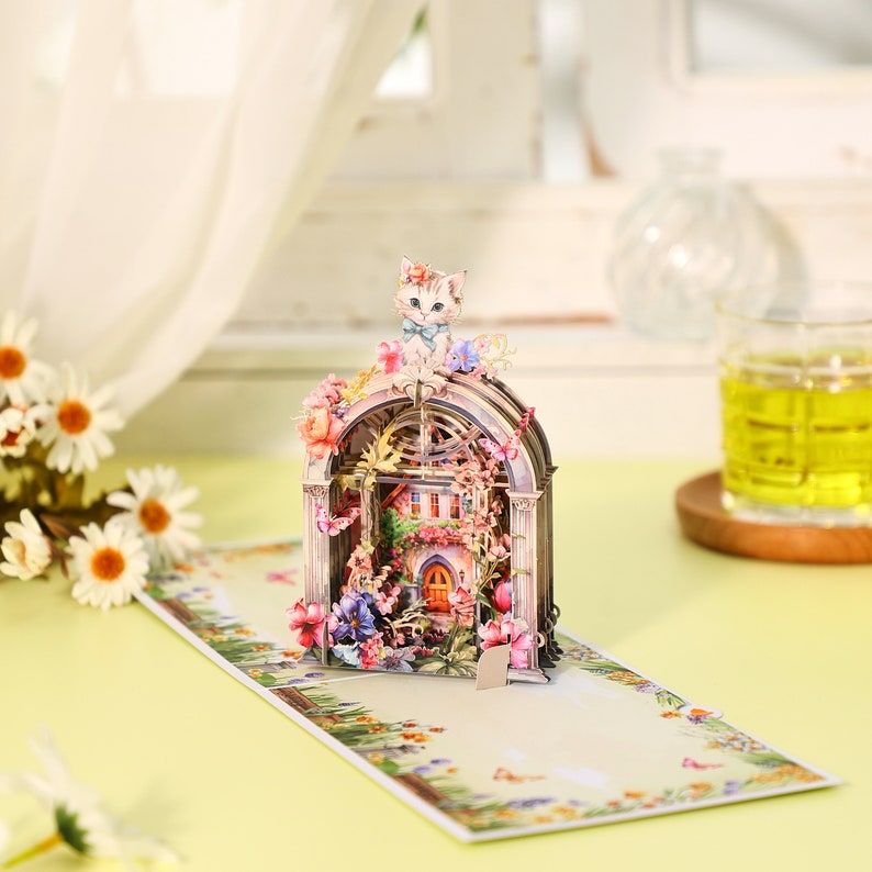 Cat flower Greeting Card, Watercolor Kittens in Flower Castle Diorama, Birthday gift card, gift for her,  Anniversary gift, Cute Kitten