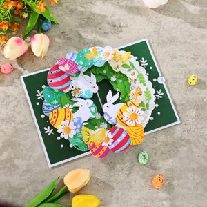 Easter wreath Pop Up Card, Bunny greeting Cards, 3D easter eggs basket card, Funny Gift Card For Kids, Gift for her, easter gift for him