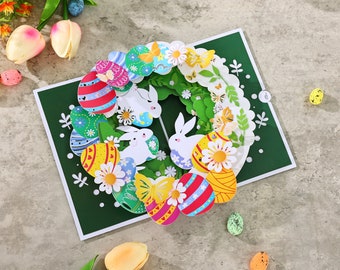 Easter wreath Pop Up Card, Bunny greeting Cards, 3D easter eggs basket card, Funny Gift Card For Kids, Gift for her, easter gift for him