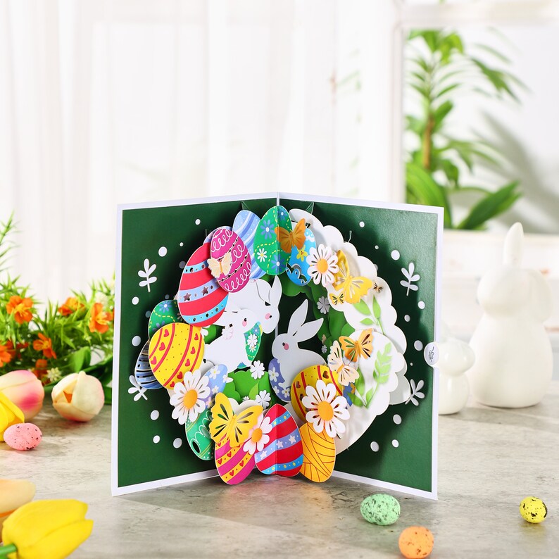 Easter wreath Pop Up Card, Bunny greeting Cards, 3D easter eggs basket card, Funny Gift Card For Kids, Gift for her, easter gift for him