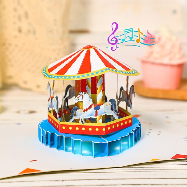 Carte pop-up carrousel d'anniversaire 3D, carte de joyeux anniversaire, cadeaux d'anniversaire, carte d'anniversaire, cadeaux pour bébé, cadeau pour elle, carte de voeux d'anniversaire carrousel