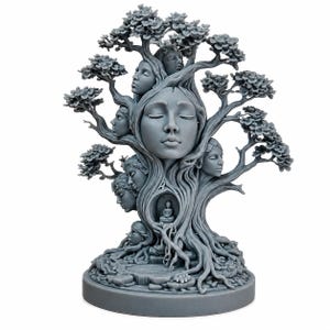 May include: A grey resin sculpture depicting a tree with multiple human faces integrated into its trunk and branches. A small Buddha figure sits within a hollow at the base of the tree, which is set upon a circular platform with textured roots.