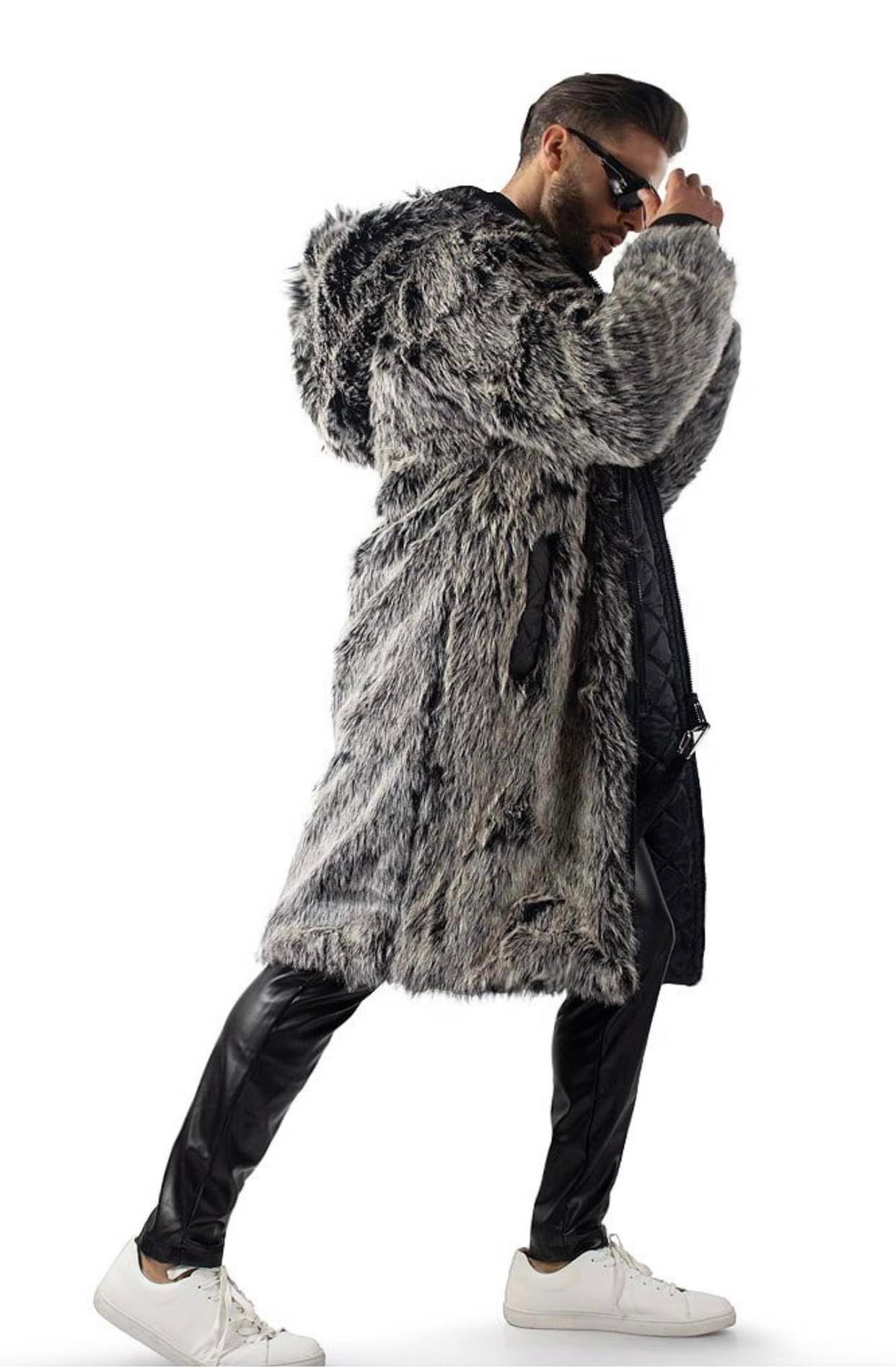Gray Fur Coat, Faux Fur Coat, Oversized Winter Coat, Long Sleeves ...