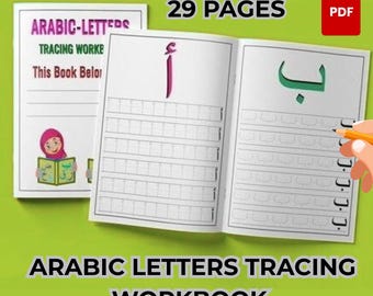 May include: An open workbook with Arabic letters for tracing, featuring the text "ARABIC LETTERS TRACING WORKBOOK". The cover shows a girl reading a book. The image also includes the text "29 PAGES" and a PDF icon.