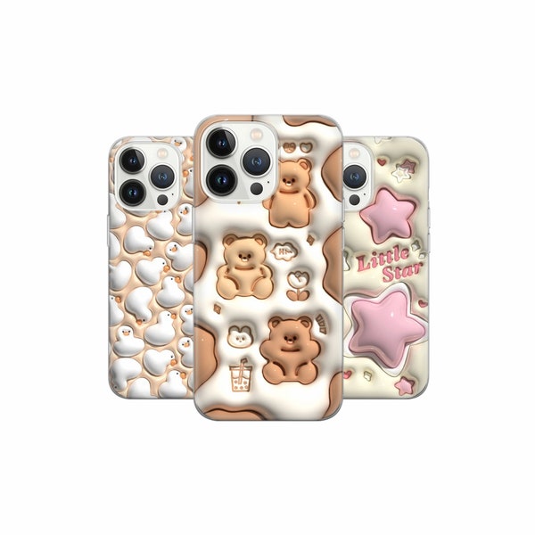 Cute Puffy Print Phone Case 3D design Pastel Cover for iPhone 15 14 13 12, Samsung S23 S22 A74 A54 A14, Pixel 8 Pro 7A