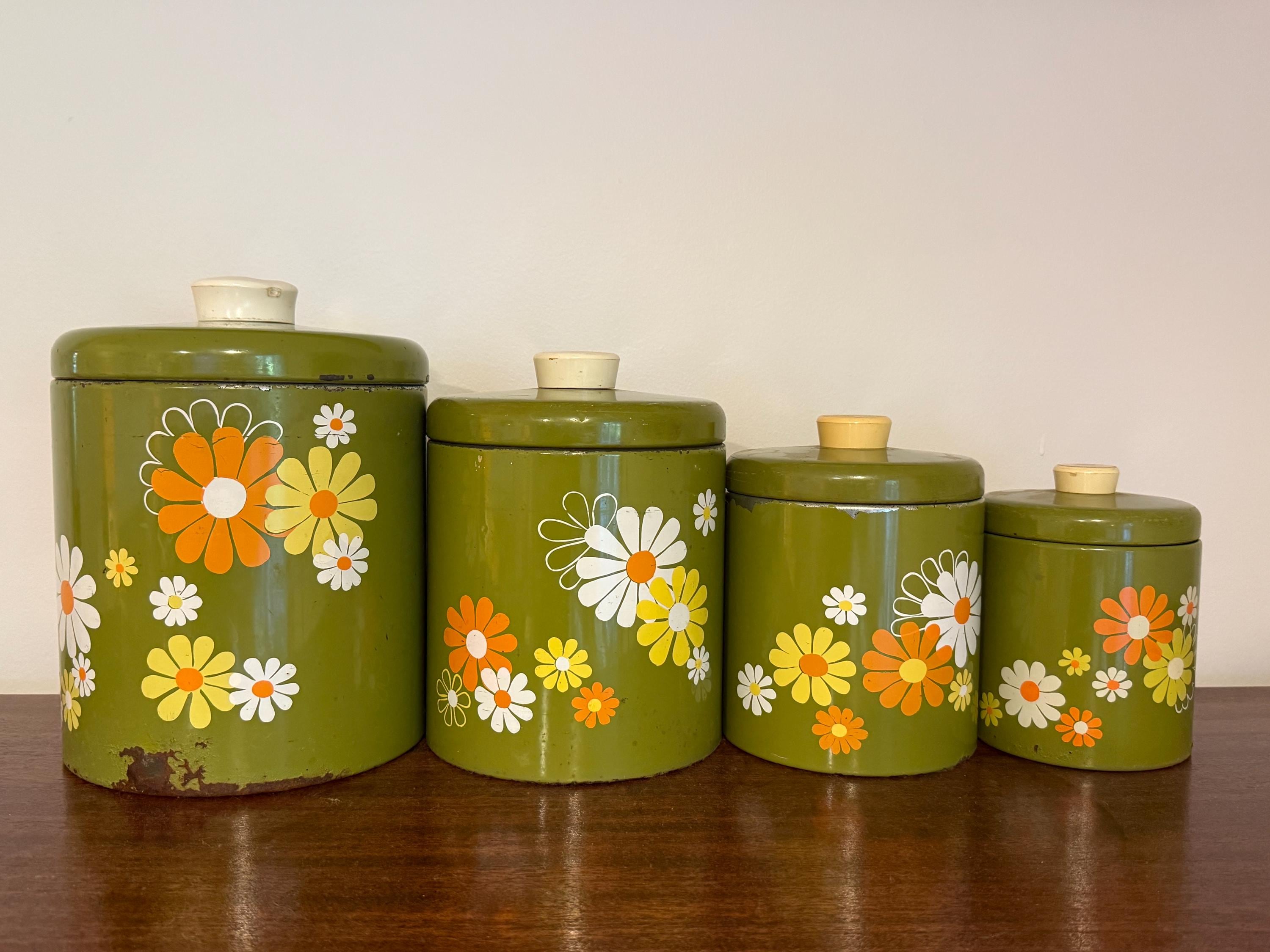 Vintage Ransburg Daisy Flower Power Metal Canisters Avocado Green