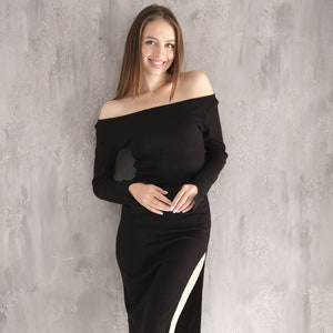 Maxi Dress, Black Ribbed Long Sleeve Deep Side Slit Dress, Evening Minimalist Open Shoulders Gown For Women, Formal Pencil Bodycon Dress imagem 7