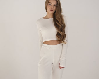 Womens Everyday Set, White Colored Ribbed Top and Pants Set,Tracksuit Casual Set, Girls Wear Trendy Attire,Ladies Classic Knitwear Crop Top