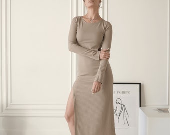 Beige Maxi Long Sleeve Slit Dress, Elegant Ribbed Cut Out Waist Womens Dresses, Bodycon Midi Casual Gown, Girls Beige Split Pencil Dress