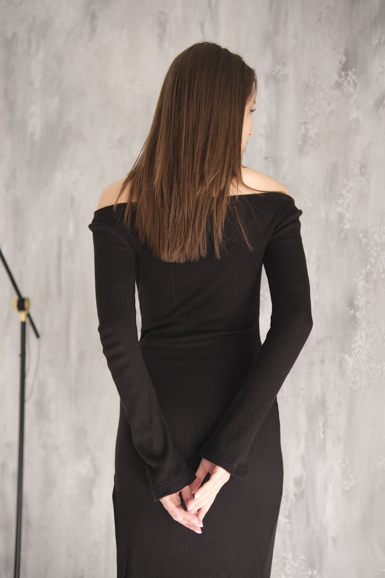 Maxi Dress, Black Ribbed Long Sleeve Deep Side Slit Dress, Evening Minimalist Open Shoulders Gown For Women, Formal Pencil Bodycon Dress imagem 6