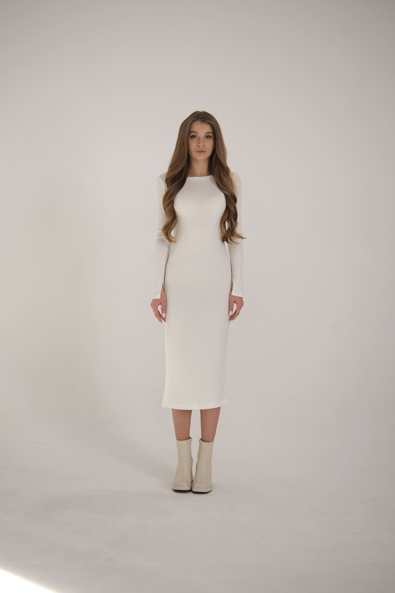 Robe Maxi, robe à fente latérale profonde à manches longues côtelée blanche, robe minimaliste à épaules ouvertes du soir pour femmes, robe moulante crayon formelle image 6