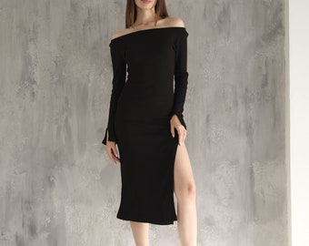 Maxi Dress, Black Ribbed Long Sleeve Deep Side Slit Dress, Evening Minimalist Open Shoulders Gown For Women, Formal Pencil Bodycon Dress
