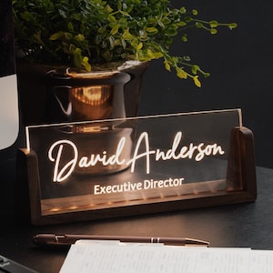 Custom Name Plate for Desk | Lighted Name Plate with Walnut Wood Base | New Job Gifts | Gift for Coworkers | Office Decorations