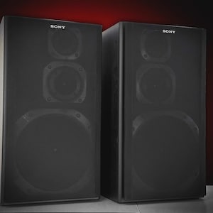 Puede incluir: Dos altavoces negros Sony con m&uacute;ltiples componentes de altavoz. Los altavoces tienen forma rectangular y est&aacute;n colocados uno al lado del otro. El logotipo de Sony es visible en la parte superior de cada altavoz.