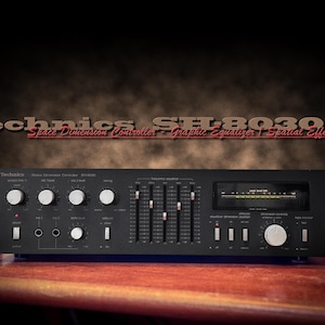 May include: Black Technics SH8030 Space Dimension Controller Graphic Equalizer / Spatial Effect Deck. The audio component has multiple knobs, sliders, and a display. The text "Technics SH8030" is displayed at the top.