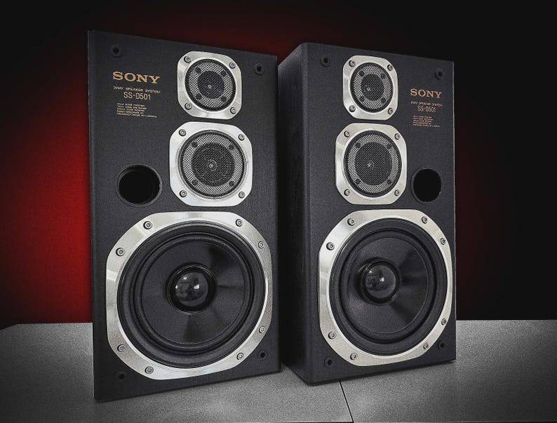 Puede incluir: Dos altavoces negros Sony SS-D501 con detalles plateados. Cada altavoz tiene un woofer circular grande, dos altavoces de rango medio m&aacute;s peque&ntilde;os y un tweeter. El logotipo de Sony y el n&uacute;mero de modelo son visibles.