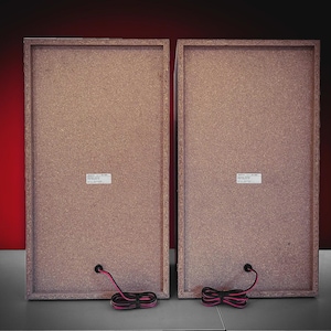 Puede incluir: Dos altavoces rectangulares con marco y parte trasera de madera marr&oacute;n claro. Cada altavoz tiene una peque&ntilde;a etiqueta blanca y un cable negro y rosa. Los altavoces est&aacute;n sobre un fondo degradado rojo y negro.