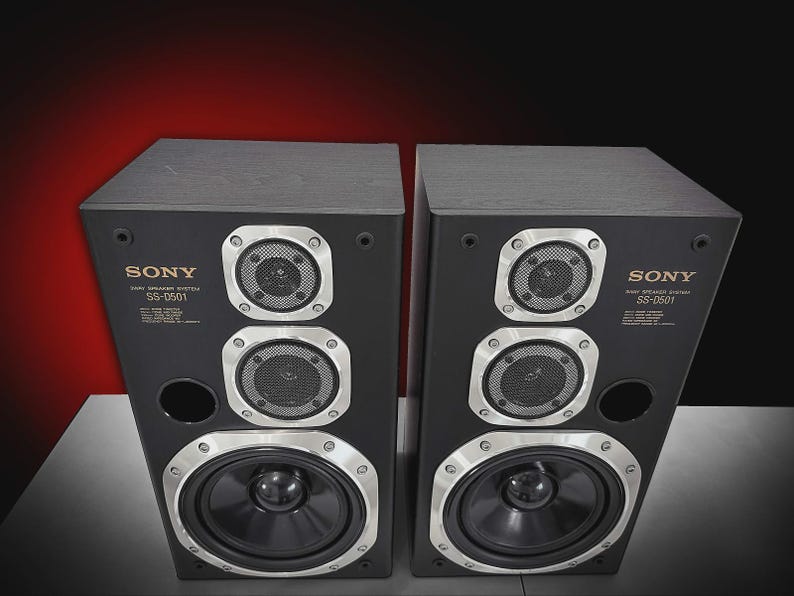 Puede incluir: Par de altavoces negros Sony SS-D501. Cada altavoz tiene forma rectangular con acabado negro y detalles plateados. Los altavoces cuentan con tres componentes de altavoz circulares y un gran altavoz de graves.