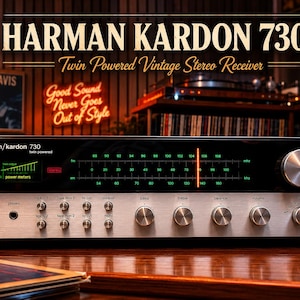 May include: A vintage Harman Kardon 730 stereo receiver with a black faceplate and silver accents. The text "HARMAN KARDON 730" and "Twin Powered Vintage Stereo Receiver" are displayed. Features include power meters, tuning dial, and various control knobs.