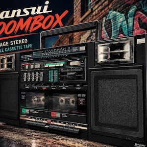 May include: Black Sansui Boombox with the text "Sansui Boombox Vintage Stereo Double Cassette Tape". The stereo has a handle, speakers, and a cassette tape player. The background features graffiti art on a brick wall.