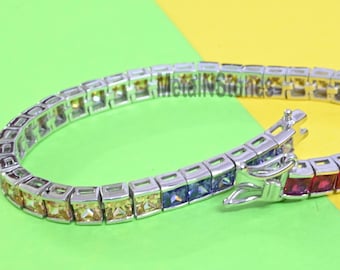 Pulsera de tenis con múltiples piedras preciosas, plata de ley 925, eslabones de cadena con múltiples piedras preciosas, regalo de aniversario.