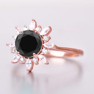 Black Onyx Round Cut 925 Sterling Silver Ring, Handmade Bridal Wedding Black Onyx Ring, Anniversary Gift For Mother, 14K Gold Plated Ring.