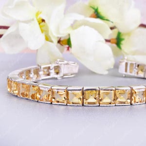 Pulsera de tenis de citrino hecha a mano, pulsera de eslabones de cadena de citrino cuadrado de plata esterlina 925, regalo para madre, regalo de aniversario para madre esposa.