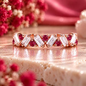 Round Ruby With Octagon Moissanite Wedding Band , Red Gemstone Stackable Ring, Mixed Shape Anniversary Gift, Handmade Ruby Wedding Band.