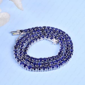 Handmade Round 4mm Blue Sapphire Tennis Necklace, Blue Sapphire Tennis Necklace, Anniversary Gift For Mother Wife Love,Natural Blue Sapphire