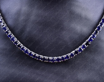 Handgemaakte ronde 4 mm blauwe saffier tennisketting, blauwe saffier tennisketting, verjaardagscadeau voor moeder vrouw liefde, natuurlijke blauwe saffier